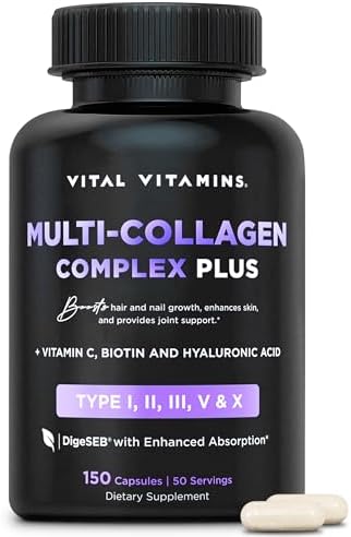 Vital Vitamins Multi Collagen Plus - with Biotin, Hyaluronic Acid, Vitamin C - Type I, II, III, V, X - for Women & Men - Hair, Skin, Nails Beauty Complex - 150 Capsules