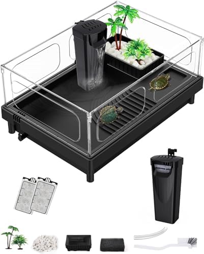 Small Turtle Tank, Aquarium, Acrylic Terrarium with Basking Platform, Bottom Drainage, Multi-Function Areas for Turtles, Crabs, Crayfish, Reptiles.(Black+Filter)