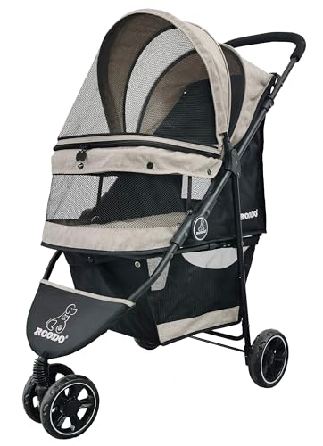 ROODO 3 Wheel Pet Stroller Best Lightweight Foldable Compact Portable Jogger All Terrain Travel Pet Gear Puppy Kitty Stroller for up to 30lbs Medium/Small Dogs and Cats(Light Khaki)