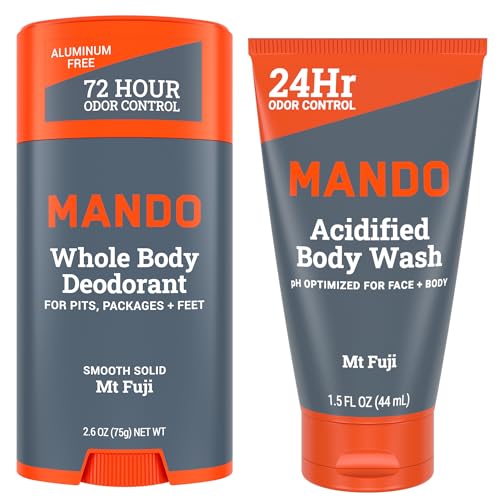 Mando Smooth Solid Stick (2.6 Ounce) + Acidified Body Wash (1.5 Ounce) - Clinically Proven to Block Odor All Day - Whole Body Safe For Pits, Packages + Feet (Mt Fuji)