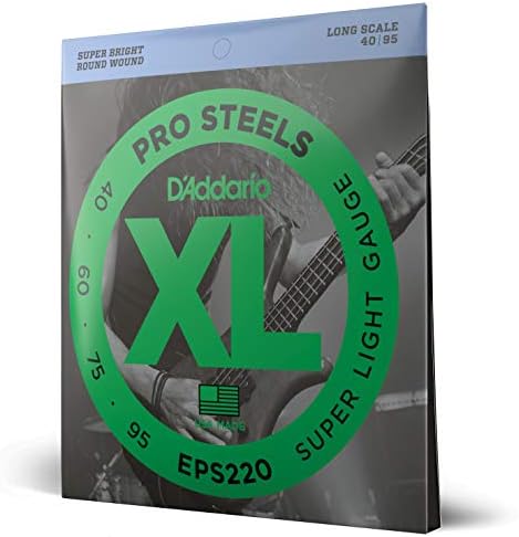 D'Addario Bass Guitar Strings, XL Pro Steels, EPS220, Long Scale, Super Light Gauge 40-95, 4-String Set, Pack of 1