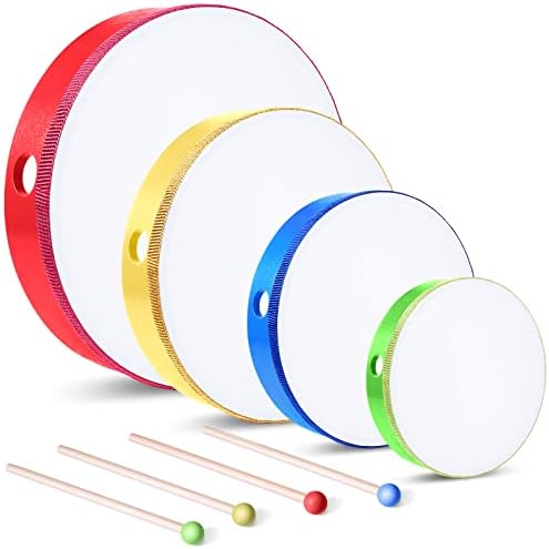 4 Pcs Kids Hand Drum Adults Wood Frame Drum Set with Stick 12 &10 & 8 & 6 Inch Percussion Musical Instruments for School Kids Adults Beginners Home Party Supplies(Multicolor)