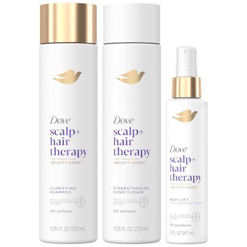 Dove Scalp + Hair Therapy Bundle – Density Boost Clarifying Shampoo and Strengthening Conditioner + Root Lift Thickening Spray with Vitamins B3 & E, Zinc & Peptides (3 Piece Set)