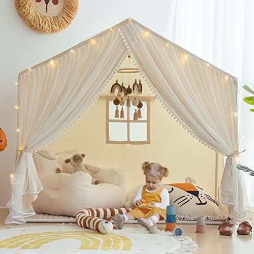 Kids Play Tent with Padded Mat, Kids Tents Large Princess Castle Pompoms Play House Indoor Playhouse Tent for Girl Bed Tents, Come with Star Lights