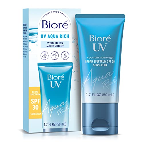 Biore UV Aqua Rich Daily Hydrating Facial Moisturizer with SPF 30 | Oil Free Sunscreen with Hyaluronic Acid, No White Cast, Non-Comedogenic, For Sensitive Skin, PA+++, 1.7 Oz