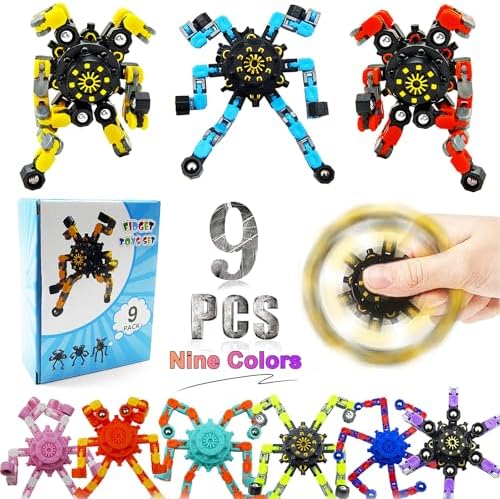Easter Basket Stuffers Transformable Fidget Spinners,9Pcs Funny Sensory Fidget Toys Deformable Chain DIY Robot Spinner,Fingertip Stress Relief Gyro Toy Valentines Day Gifts for Kids Party Favors Toy