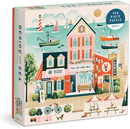 Galison Beside The Sea – 500 Piece Puzzle Fun and Challenging Activity with Bright and Bold Artwork of Charming Village and Sea Scenery for Adults and Families