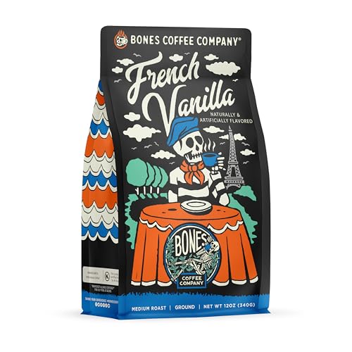 Bones Coffee Company French Vanilla Flavored Coffee Beans, Medium Roast Ground Coffee Low Acid, Creamy Vanilla Flavor (12 oz)