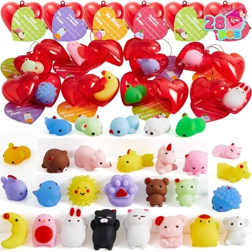 JOYIN 28 Packs Mochi Squishy Toys with Cards and Filled Hearts Party Favors for Kids Gifts Classroom Exchange, Kawaii Stress Relief Toys for Gift Exchange, Game Prizes