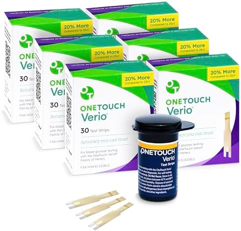 OneTouch Verio Test Strips for Diabetes Value Pack - 180 Count | Diabetic Test Strips for Blood Sugar Monitor | Home Self Glucose Testing | 6 Boxes, 30 Test Strips Per Pack
