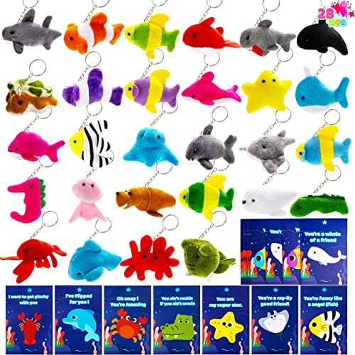 JOYIN 28 Pack Valentines Day Sea Animal Plush Keychain for Kid with Cards, Valentine Party Favor for Classroom Exchange Gift