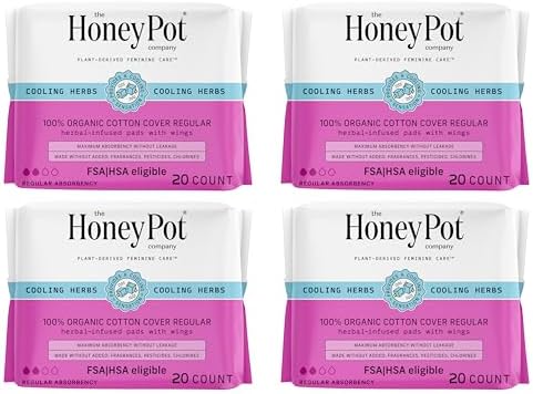 The Honey Pot Company - 80ct - Herbal Sanitary Pads for Women - Regular Flow w/Wings - Infused w/Essential Oils for Cooling Effect & Organic Cotton Cover - Feminine Care - FSA & HSA