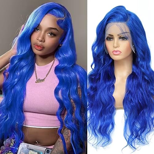 Blue Lace Front Wig Human Hair 13x4 Body Wave Blue Human Hair Wig Colored Lace Front Wigs Human Hair Pre Plucked 12A 200% Density Blue Lace Front Wig Glueless Frontal Wigs Human Hair HD Lace 22 Inch