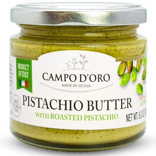 Pistachio Butter Sweet Spreadable Cream, 6.35 oz (180g), Rich & Nutty Pistachio Cream for Knafeh Pistachio Dubai Chocolate Bars, Sweet Sicilian Pistachio Cream Spread, Mix Well After Opening, Pistachios from Sicily, Italy, No Palm Oil, Campo D'Oro