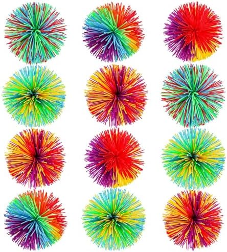 Leinuosen 12 Pieces Monkey Stringy Balls Sensory Stringy Ball Soft Rainbow Pom Bouncy Stress Bags Stuffers Party Favors Birthday Gifts, Multicolor (2.75 Inch)