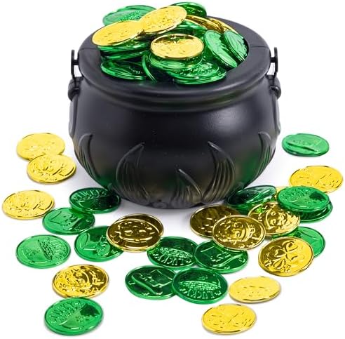JOYIN 208 St Patrick’s Day Lucky Leprechaun Plastic Coins and 1 Large Black Cauldron with Handle Pot of Gold Party Supplies, St Patrick Decorations Party Favors