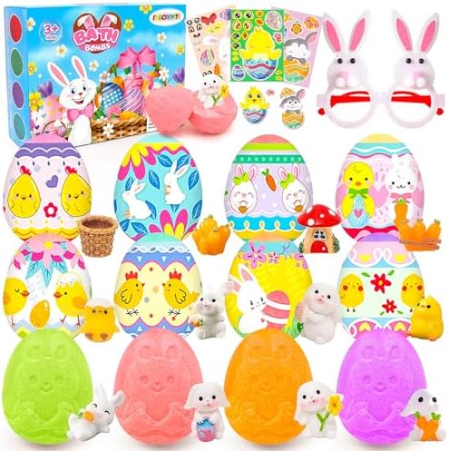 Easter Bath Bombs with Toys Inside for Kids Girls Boys Easter Basket Stuffers Handmade Fizzy Easter Eggs Balls Organic Bubble Bath Bombs for Easter Party Favor Easter Gift Set