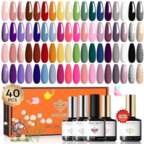 Modelones 40 PCS Gel Nail Polish Set, 36 Colors Spring White Nude Brown Black Gel Polish Kit Red Hot Pink Blue Green Glitter Nail Gel Polish 2025 W Base& Matte& Glitter& Glossy Top Coat LED Nail Art