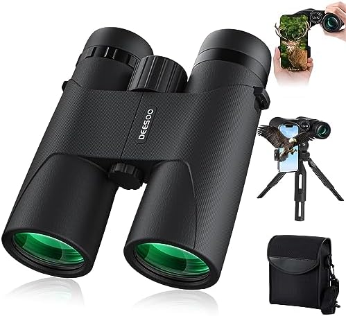 12x42 HD Binoculars for Adults High Powered - Deesoo Binoculars for Bird Watching with Large Field of View - High Magnification Binoculars with Phone Adapter, Plastic Tripod for Hiking Hunting