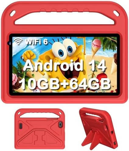 Android 14 Tablet for Kids 7 Inch, 10GB RAM 64GB ROM Toddler Tablet, Parental Control, 2.4G/5G WiFi 6, 1.8Ghz Octa-Core, Dual Camera, GMS, Kids IWAWA App Pre-Installed-Red