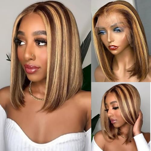 4/27 Lace Front Bob Wig Human Hair Ombre Honey Blonde 13x4 Hd Lace Front Wigs Human Hair Pre Plucked Middle Part Highlight Colored Transparent Lace Frontal Wigs(12 Inch, 4/27 Highlight)