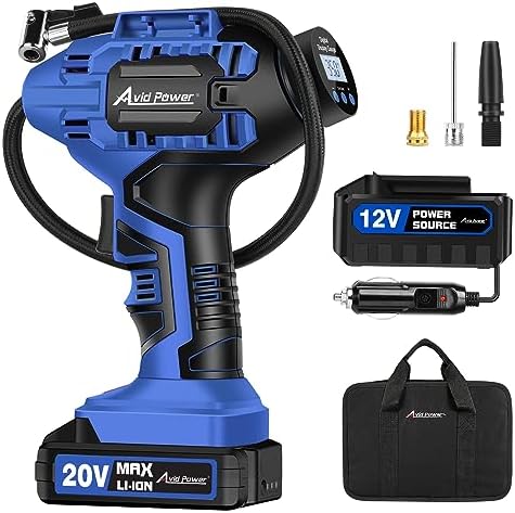 Avid Power Cordless Tire Inflator Portable Air Compressor, 20V Rechargeable Battery Tire Pump w/ 12V DC Power Adapter, Digital Pressure Gauge, Auto Air Pump for Many Inflatables (Blue)
