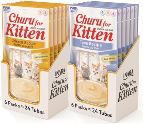 INABA Churu for Kittens, Creamy, Purée Lickable Cat Treats with DHA, EPA, Vitamin E & Taurine, 0.5 Ounces Each, 48 Tubes (4 per Pack), Tuna and Chicken Variety