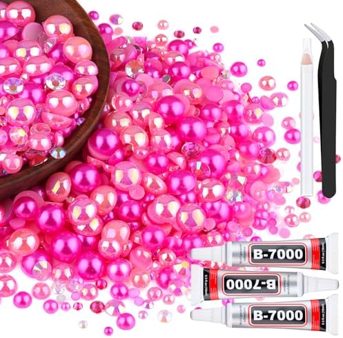 80g Flatback Pearls and Rhinestones for Crafting, Dark Pink 3-10mm Resin Rhinestones and Half Pearls for Bedazzling, Nail Art and Dec with 3pcs 10ml B7000 Jewelry Glue, Tweezer and Pickup Pencil