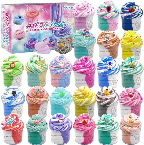 Slime Set Butter Slime Kit 24 Packed Two-Toned Scented Containers, Assorted Colors and Designs，Soft and Bouncy Non-Sticky Slime Party Gifts for Girls and Boys