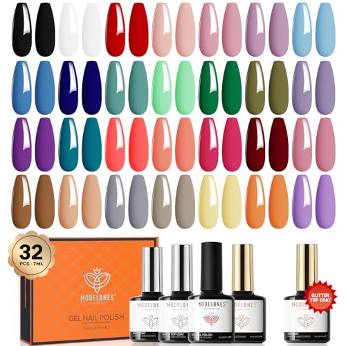 modelones 32 PCS Gel Nail Polish Set, 28 Colors Spring Gel Polish with No Wipe Base Coat, Glitter & Glossy & Matte Top Coat Black Brown Red Purple Soak Off LED Nail Art Kit Salon at Home
