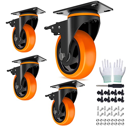 4 Inch Caster Wheels Heavy Duty 2200lbs, Swivel Casters Set of 4 with Safe Dual Locking,Industrial Plate Casters, Locking Casters Wheels for Furniture,Workbench(Free Hardware Kit)