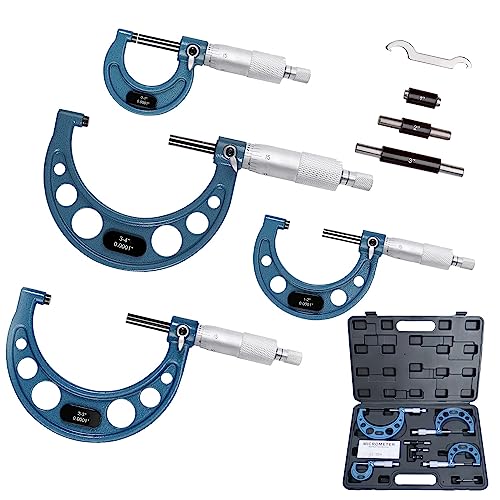 Outside Micrometer Set, 0-4" Machinist Micrometer, 4 Pcs Machinist Tool Set, 0.0001" Graduation Micrometer Set, Alloy Precision Micrometer, Micrometer Standard Set with Case