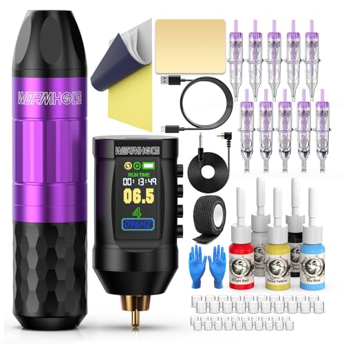 Wormhole Tattoo Gun Kit Wireless Tattoo Machine Kit Complete Tattoo Kit Tattoo Pen Kit Rechargeable Cordless Tattoo Power Supply Portable 1,800mAh with LED Digital Display for Tattoo Artist WTK286