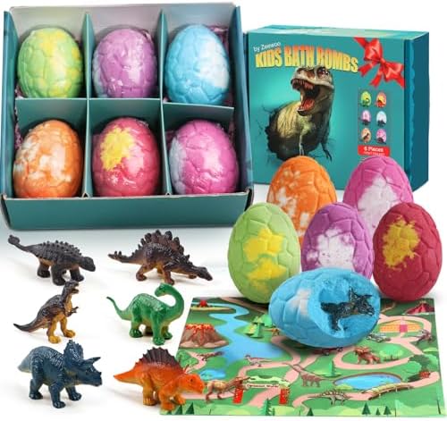 Bath Bombs for Kids with Toys Inside, 6 Organic Bubble Bath Bombs with Surprise Inside & Dinosaur Themed Mat, Dinosaur Bath Bombs for Kids 3 4 5 6 7 8 9 Years, Gifts for Kids Boys Girls