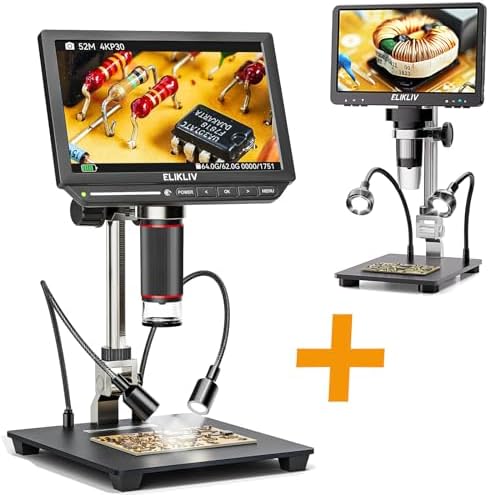 Elikliv EM4K + EDM9 Pro 4K Digital Microscope, 8" Coin Microscope 2000x, 52MP HDMI Microscope, Soldering Microscope for Adults, LCD Microscope for Electronics Repair, 3840P UHD Video Microsocpe
