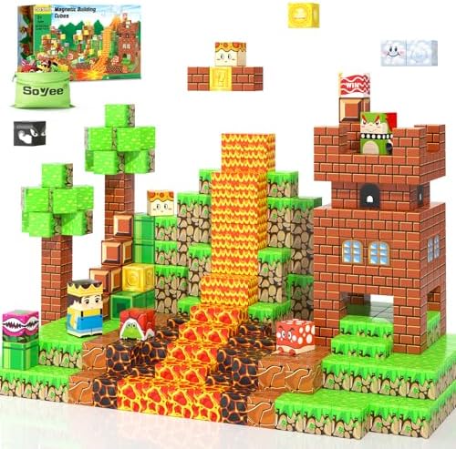 Soyee Magnetic Blocks - Build Mine Magnet World Kids Games Magnet Building Toys Kingdom & Lava World Adventure 1'' Magnetic Cubes STEM Toys Christmas Birthday Gifts for 3+ Years Old Boys Girls