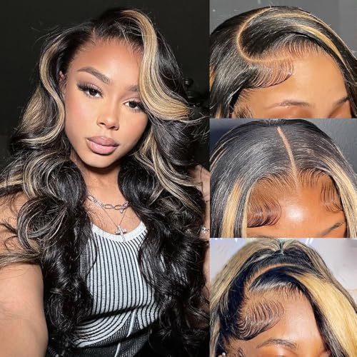 Ombre Lace Front Wig Human Hair Pre Plucked 13x4 Highlight Body Wave Lace Front Wigs Human Hair Hd Lace Frontal 1B/27 Colored Glueless Wigs Human Hair 180% Density 24 Inch