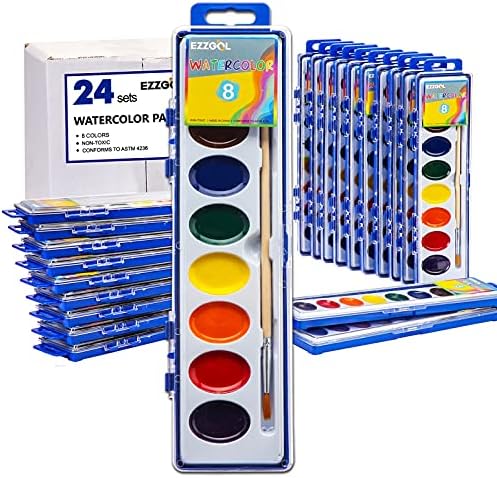 Watercolor Paint Sets Bulk Pack of 24, Ezzgol 8 Colors Washable Paint Sets for Kids, Quality Water Color Wooden Brushes, Perfect for Preschool Classroom , Children's Art School , Birthday Party Favors and Valentines Gifts