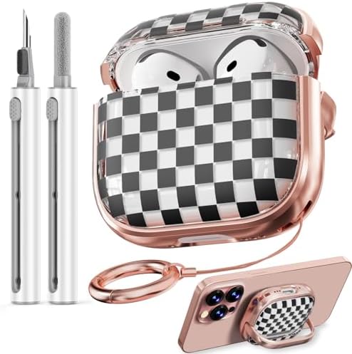 with Safety Lock for AirPods 4 Case 2024, TPU Clear AirPod 4th Generation Case,Air Pod 4 Case for Women Girly, AirPods 4 with Active Noise Cancellation Case with Cleaner Kit - Checkerboard