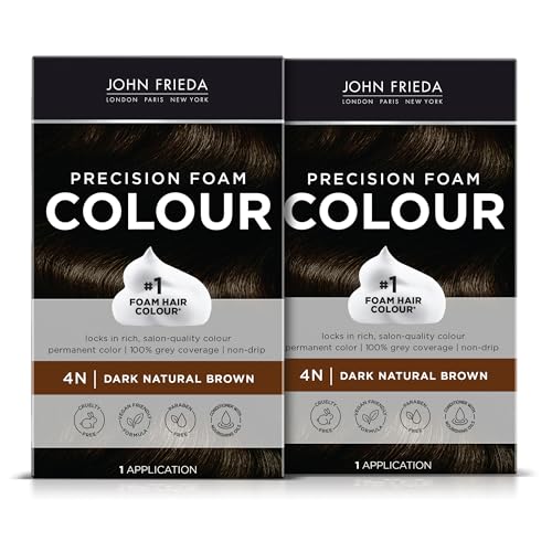 John Frieda Brown Permanent Precision Hair color Foam Hair Color Kit, Brown Hair Dye, 4N Dark Natural Brown Hair Color, Pack of 2