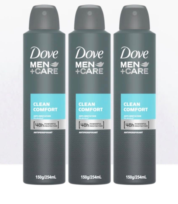 DOVE DEODORANT FOR MEN SPRAY CLEAN COMFORT ANTIPERSPIRANT 48h Powerful Protection, 0% Alcohol, 8.5oz 254ml, 3pack