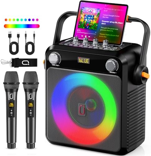 Karaoke Machine with 2 Wireless Microphones, Portable Bluetooth Karaoke Speaker for Adults & Kids, Karaoke Microphone with PA System, Bass/Treble Adjustment, Light for Home Party, Support USB/TF/AUX