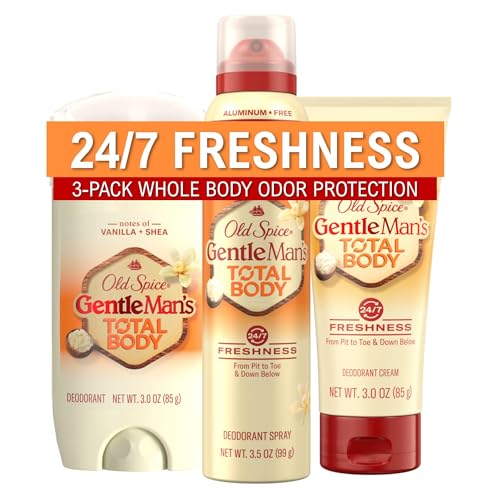 Old Spice Whole Body Deodorant for Men, 3-Pack, Aluminum Free, Stick, Spray & Cream Bundle, 24/7 Total Body Freshness, Dermatologist Tested, Vanilla + Shea Butter Scent