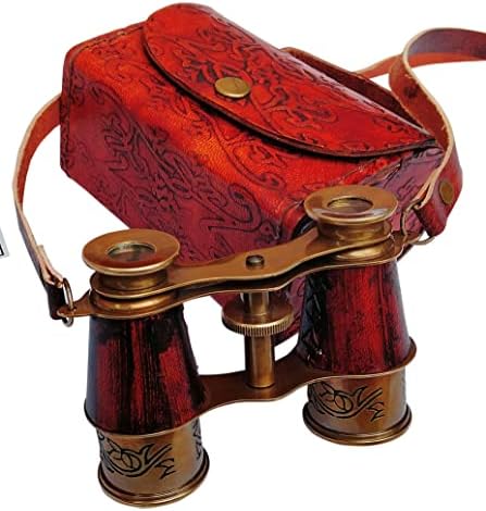 SUGRA 4" Captain’s Antique Brass Binoculars with Red Leather – Vintage Nautical Binoculars for Kids & Adults – Perfect for Hiking, Camping, Bird Watching, Hunting, and Outdoor Adventures