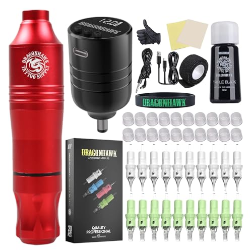 Dragonhawk Wireless Cartridge Tattoo Machine Kit Complete Tattoo Gun Kit Pen Rotary Tattoo Machine Pro Tattoo Needles Beginner Tattoo Kit Red