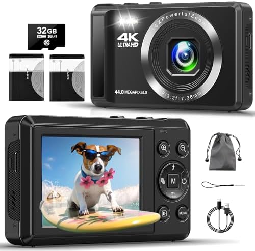 Digital Camera - 4K 44MP UHD Digital Cameras for Photography - Autofocus Point and Shoot Vlogging Camera with 16X Zoom, 32GB SD Card, 2 Batteries - Compact Small Cameras for Kids Teens Boys Girls