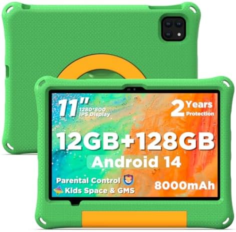 Kids Tablet 11 Inch, Android Tablet with 2 Years Protection, 12GB+128GB, 8000mAh, with EVA Case, Parental Control, Pre-installed Educational APP, WiFi 6, Dual Camera, Quad Speakers, Green