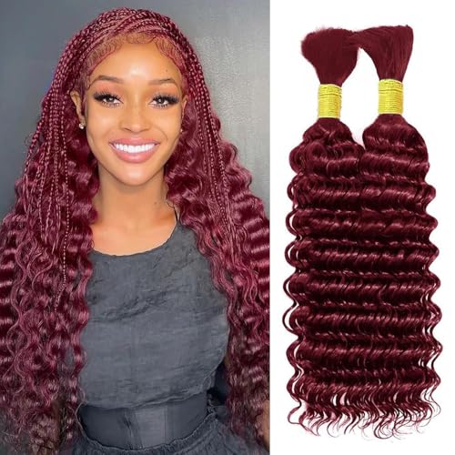 Human Braiding Hair 2 Bundles/Pack 100g Burgundy 99J Curly Deep Wave Human Bulk Hair for Braiding No Weft 10A Brazilian Virgin Human braiding Hair for Boho Braids Extensions (24 inch/100g)