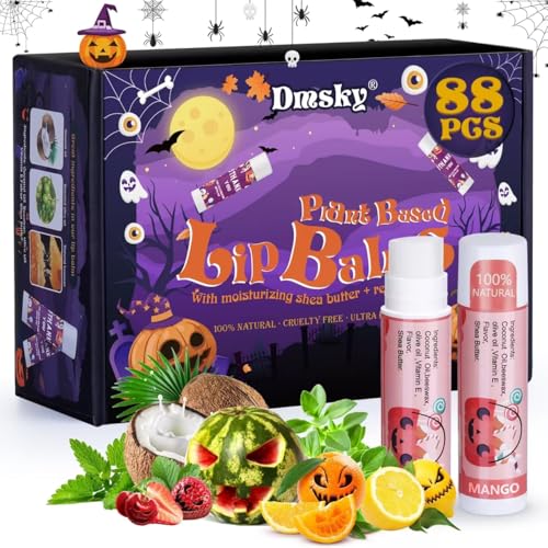 Dmsky Halloween Lip Balm,10 Flavors Natural Lip Balm in Bulk, Moisturizing Lip Balm Stocking Dry Lips, Men Women Kids Party Gifts, Lip Care Set 88 count （4.2g/0.15 Oz)