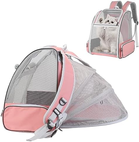 Cat Carrier Expandable Backpack, Airline Approved Pet Carriers for Small Dogs, Large Cat Bag Carrier, Foldable Collapsible Travel Bookbag for Carrying Cats Puppy Kitten Bunny Bird Chicken (Pink)